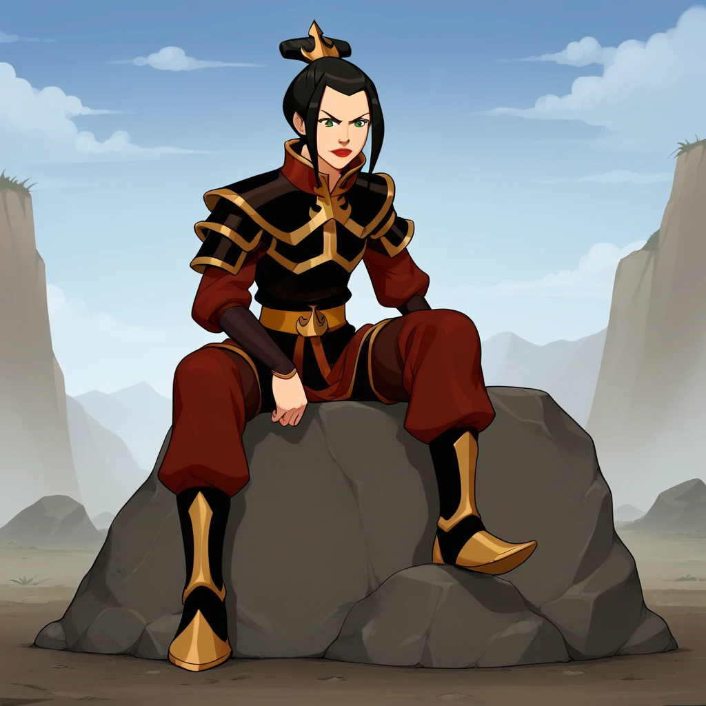 score_8_up, BREAK, azula, 1girl, solo,  black hair,  topknot, green eyes, lipstick, armor, bracer, pants, boots, sitting on rock, outdoors, blue sky, <lora:Azula_TheLastAirbender_PXL_Leaf1:0.8>,