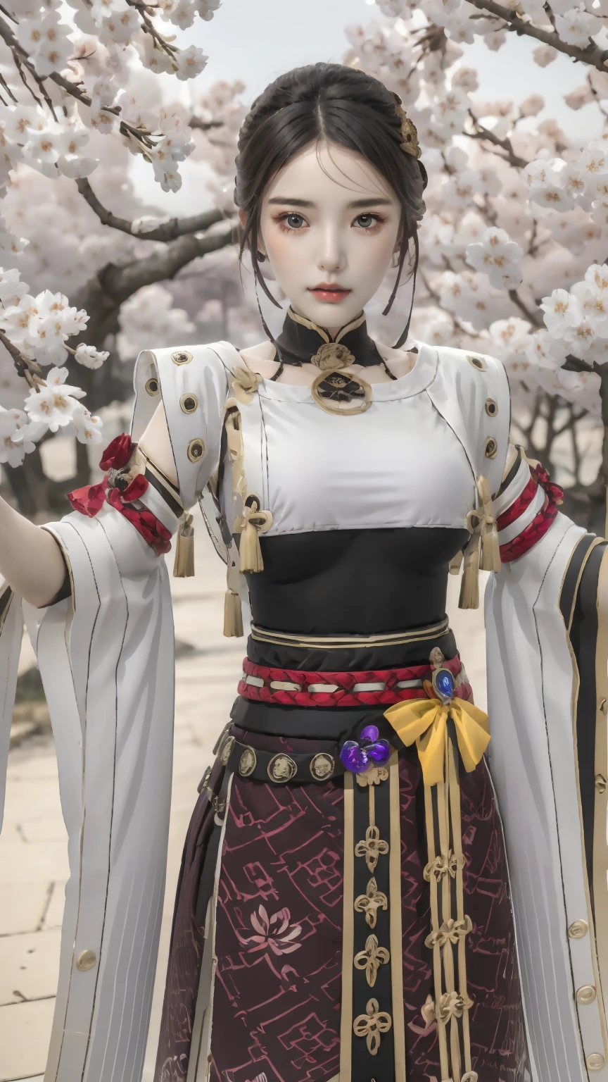 masterpiece,(bestquality),ultra-detailed,1girl,solo,hip up,accessories,jewelry,Kujou Sara outfit,<lora:ntmix1:0.7>,<lora:Kujou Sara outfit:0.8>,cherry blossoms,white hair,