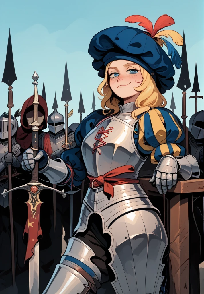 1girl, blonde hair, smug, grin, full armor, knight, french,  landsknecht <lora:Landsknecht:1> landsknecht, weapon, sword, hat, armor, 1girl, puffy sleeves <lora:Gothic:1> 1gothic1,