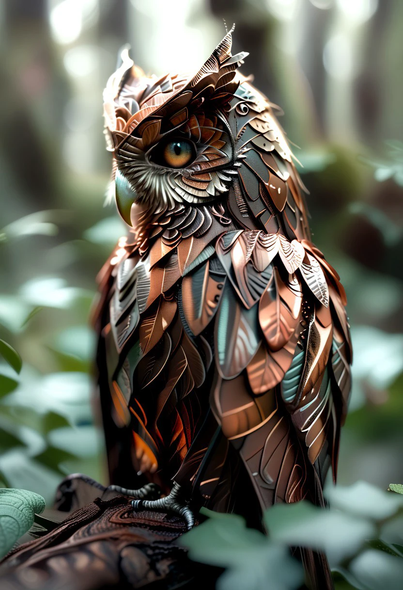 Score_9, score_8_up, score_7_up,
Create a digital art image of an owl made entirely out of copper in a forest. The owl should have intricate copper details and a realistic design, appearing unique and striking. The forest background should be lush and green, creating a striking contrast with the copper owl. The scene should look mystical and enchanting.