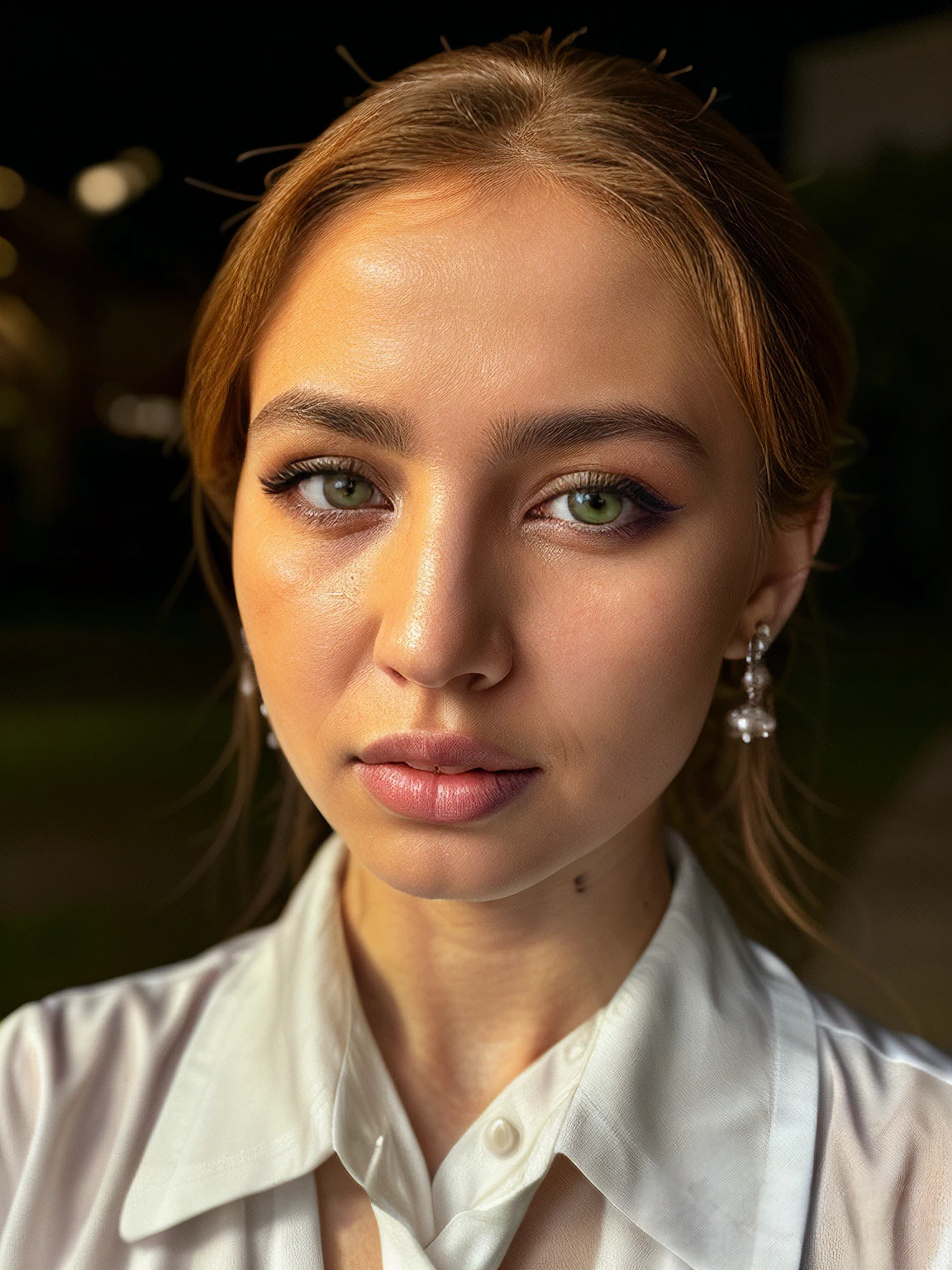 renatav, headshot,  earrings, messy hair, medium hair, , looking away, focus on eyes, detailed eyes, beautiful green eyes, eyelashes, eyeliner, pale skin, skin details, flirty, green eyes, chinese lanterns, blue, collared shirt, necktie, volumetric lighting, sharp focus, photograph, parted lips, intricate details, necklace,  focus on eyes,photograph, intricate details, <skinhairdetail>