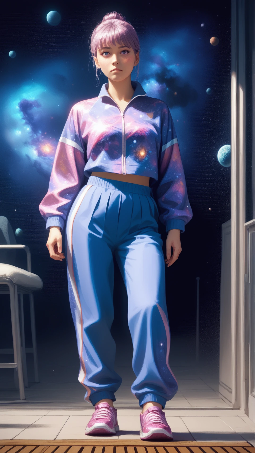 score_9, score_8_up, score_7_up, score_6_up,<lora:CosmicStylePDXL:1> woman wearing cosmic pattern glitter CosmicStyle Track pants, Pleated skirt, shiny