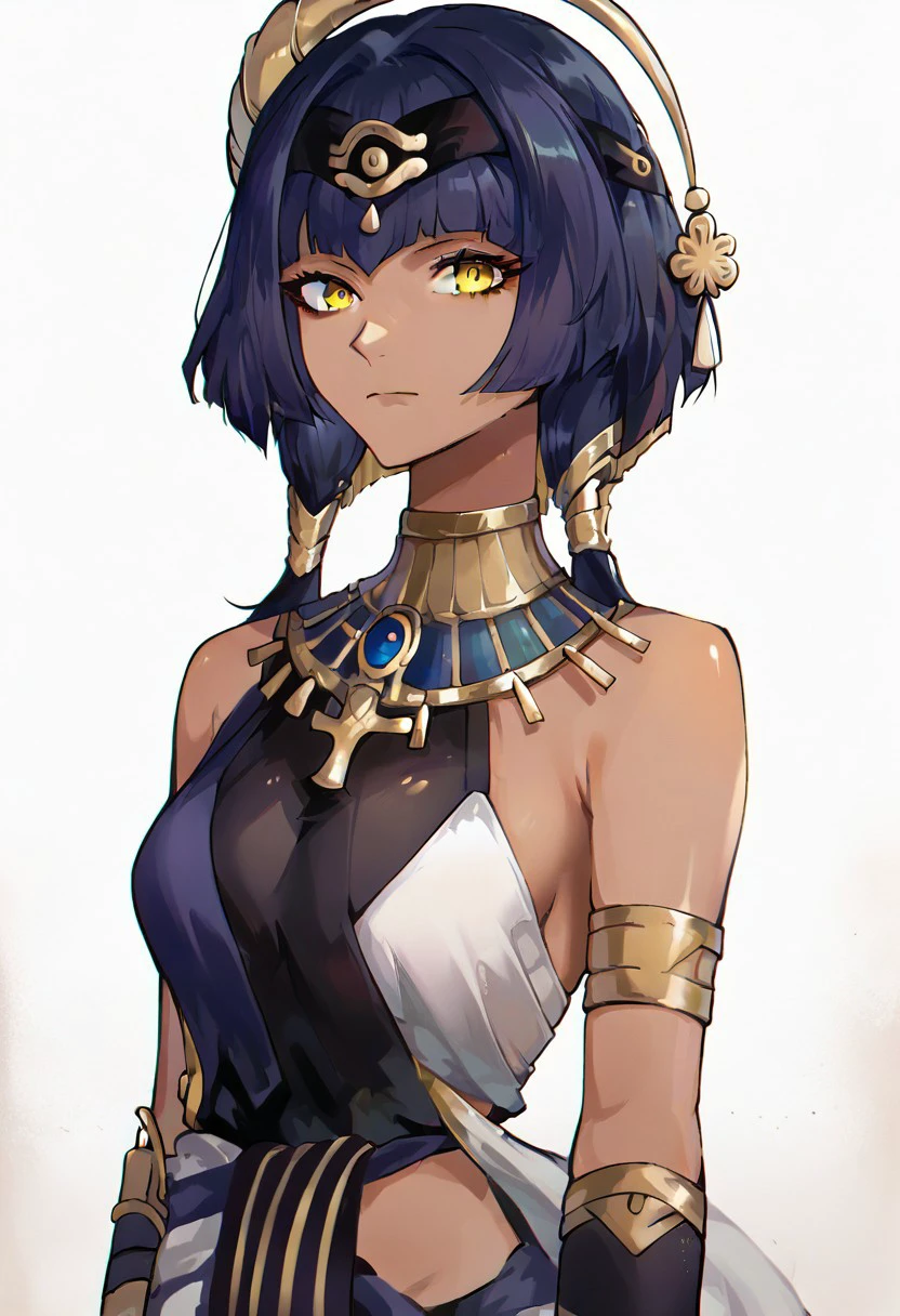 score_9, score_8, score_7, source_anime, ancient egyptian clothes, 1girl, solo, jewelry, looking at viewer,  dark-skinned female, yellow eyes, bare shoulders, closed mouth, hairband