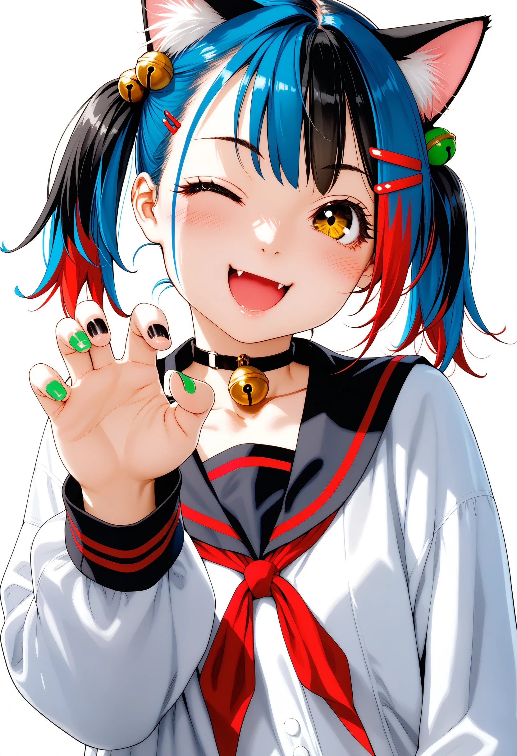 score_7_up, 1girl, one eye closed, multicolored hair, black nails, animal ears, solo, yellow eyes, claw pose, fang, black hair, twintails, bell, open mouth, smile, neck bell, red hair, cat ears, blue hair, hair ornament, looking at viewer, upper body, white jacket, white background, jacket, shirt, simple background, blush, long sleeves, hairclip, collarbone, collar, sailor collar, choker, ;d, jingle bell, green nail polish, black sailor collar, kemonomimi mode
, <lora:Yamatogawa_PonyXL_dim32:1>