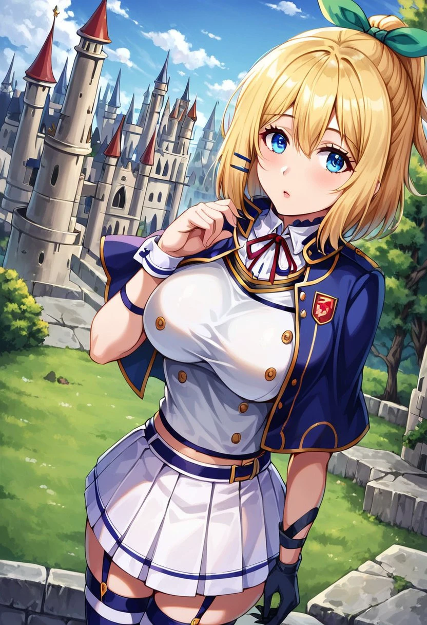 best quality, (masterpiece:1.2), detailed, medieval,
1girl, Rumia Tingel, \(Akashic Records of Bastard Magic Instructor\), blue eyes, blonde hair, medium hair, ponytail, hair clip, green ribbon,
alzano school uniform, blue capelet, blue thighhighs, neck ribbon, detached collar, garter straps, single wrist cuff, single glove, uneven gloves, shirt, pleated skirt, suspender skirt, midriff,
large breasts, narrow waist, wide hips,
standing, from angle, looking at the viewer,
outdoors, castle