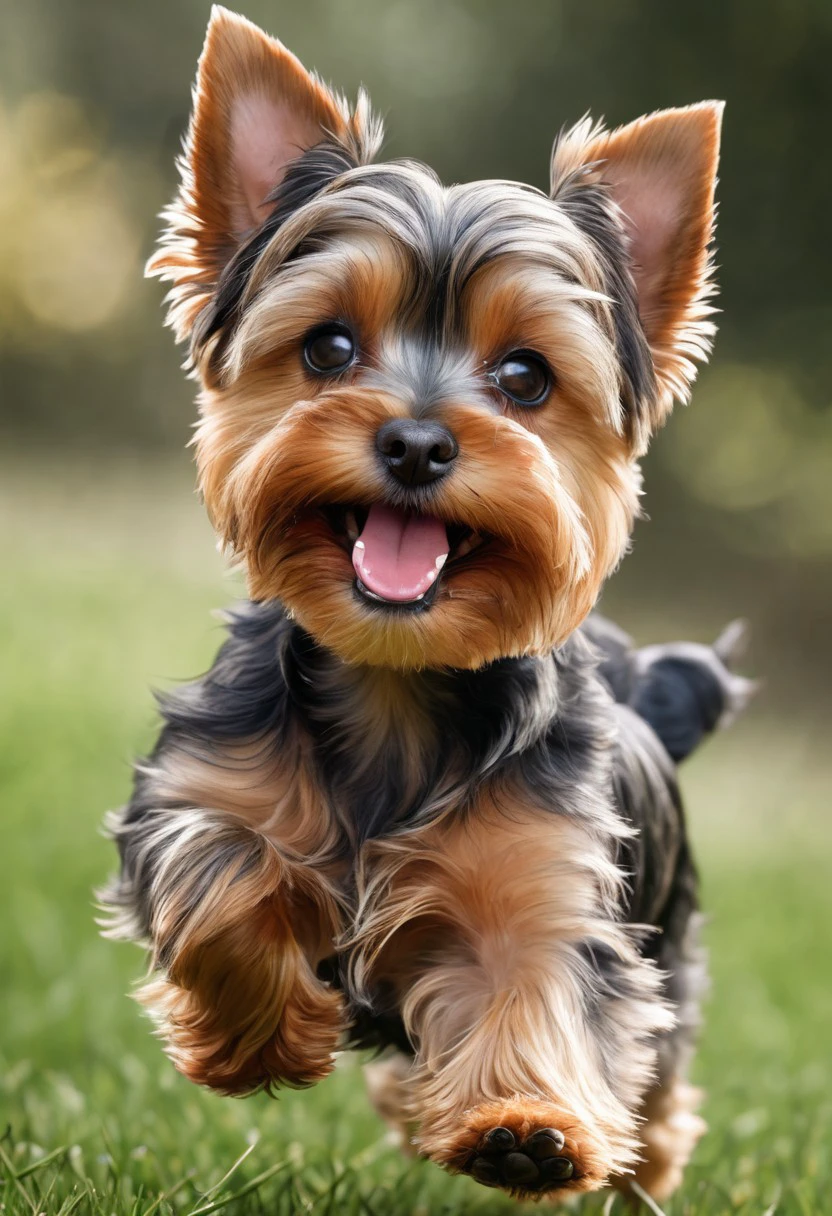 super realistic image ultra quality and super high resolution and sharp focus, photorealistic style of Yorkshire Terrier breed dog dynamic pose, playful and playful,