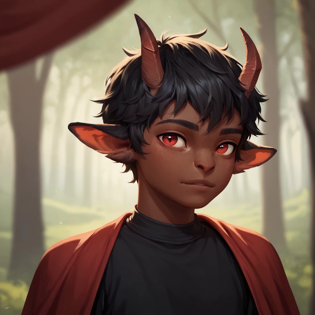 (((detailed, beautiful, high quality))), upper Body, score_9, score_8_up, score_7_up,
satyr, faun, horns, animal ears, small horns, 1male, black hair, red eyes, short stature, young, red cape, black shirt, dark skin, 
looking at the viewer, posing, blurred background, blurred fantasy background,