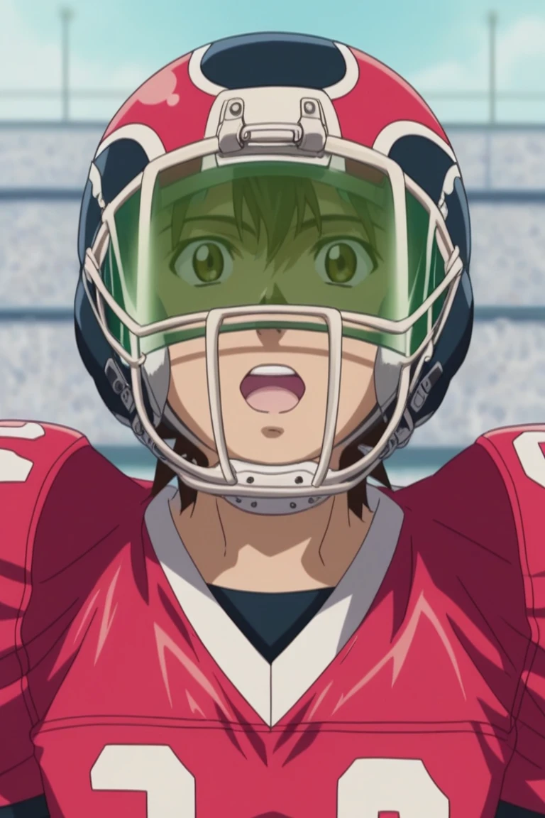 score_9, score_8_up, score_7_up, score_6_up, masterpiece, best quality, amazing quality, best aesthetic, absurdres, intricate details, sena kobayakawa, brown hair, brown eyes, american football uniform, helmet, male focus, 1boy, solo, teeth, sportswear, stadium, upper body, open mouth, looking at viewer<lora:EMS-450953-EMS:1.000000>