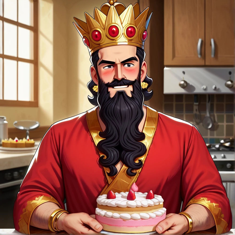 (score_9), hammurabi<lora:Hammurabi_ror_pony-20:1>ancient, long robe, 1boy, solo, earring, facial hair, beard, jewelry, crown, black hair, mustache, upper body, inside kitchen, baking cake, decorating, happy smile, heart-shape, blushing, cake, cream