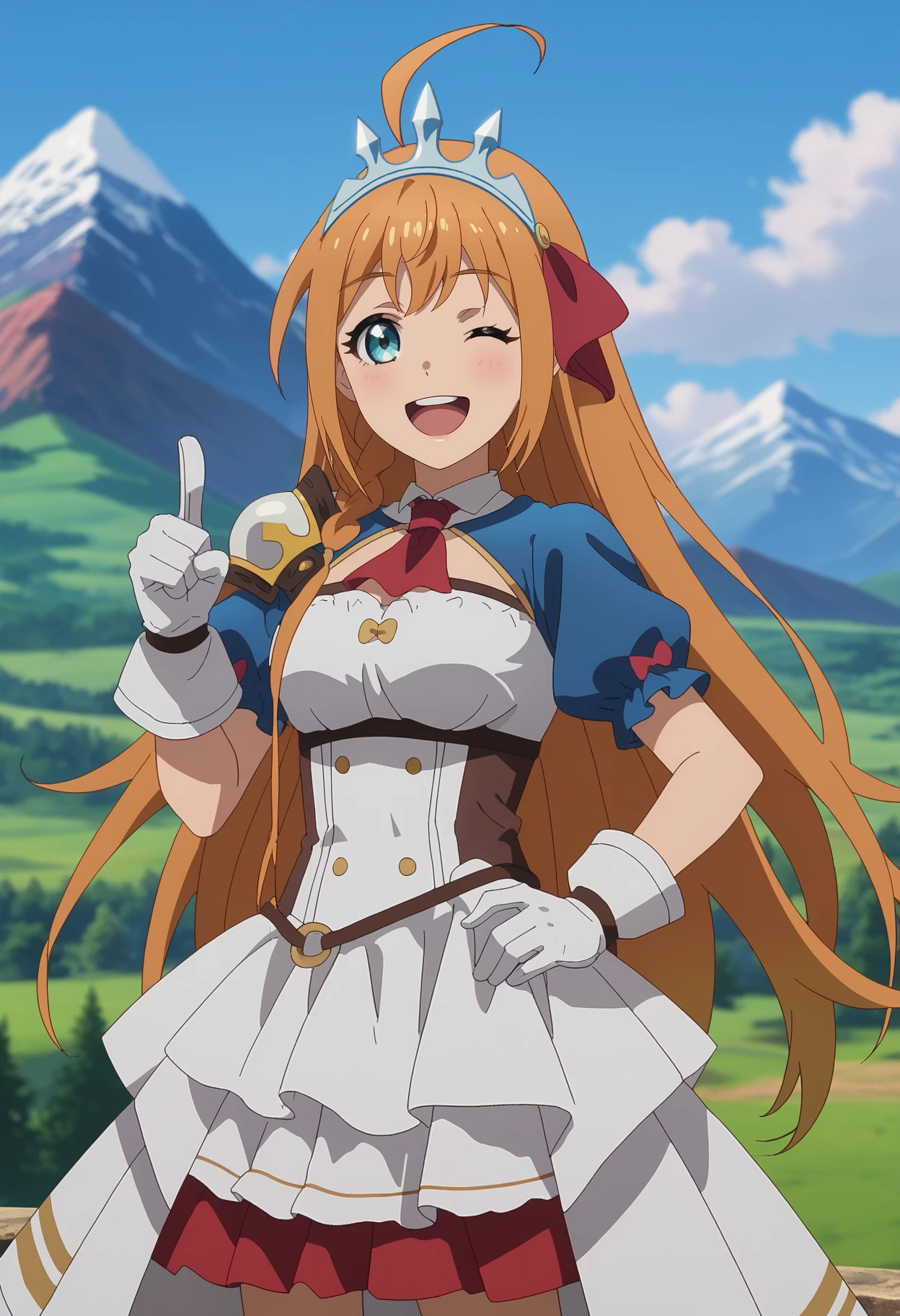 score_7_up, anime screencap,
<lora:PrincessConnect_PecorineXL:0.9>,
1girl, solo, open mouth, smile, upper teeth only, one eye closed, 
long hair, orange hair, side braid, ahoge, blue eyes, tiara,
(pointing at viewer:1.2), hand on own hip,
PecorineDress, white dress, red ascot, shoulder armor, puffy short sleeves, blue sleeves, white gloves, layered skirt, white skirt, red skirt,
standing, looking at viewer, 
blurry background, mountains, scenery