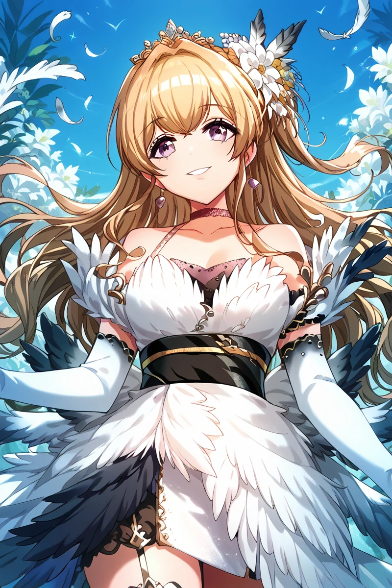 score_9, score_8_up, score_7_up, score_6_up,
 <lora:Kase_Mana:0.9> kase, 1girl, solo, long hair, gloves, hair ornament, dress, smile, feathers, flower, choker, elbow gloves, white gloves, blonde hair, hair flower, tiara, catwi