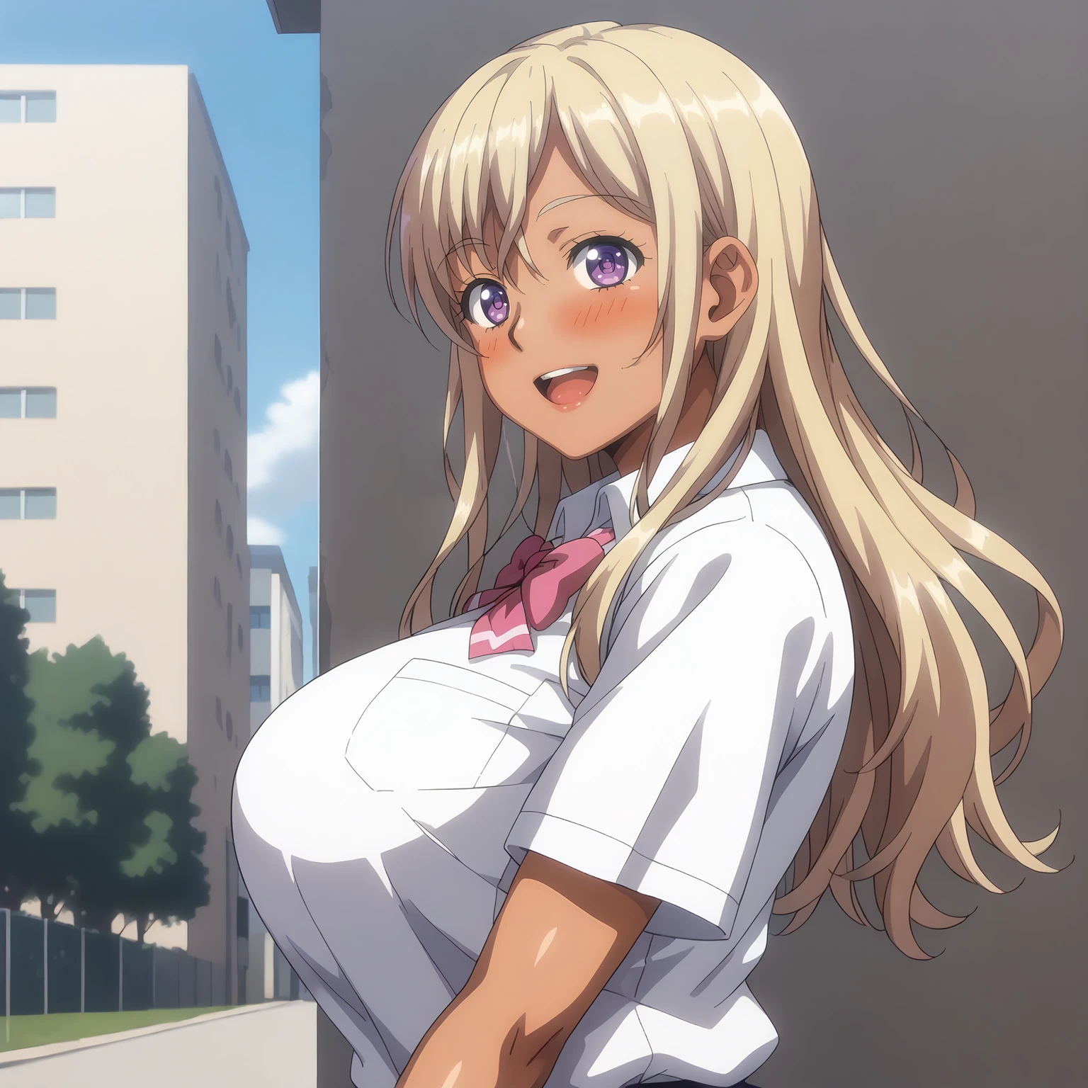 <lora:BDCC_ChieriShiinaXLpony001>,
smile,blush,open mouth,
solo,
ChieriShiina,1girl,blonde hair,long hair,purple eyes,dark skin,
large breasts,
school_uniform,collared_shirt,bowtie,short_sleeves,
outdoors,
looking back,