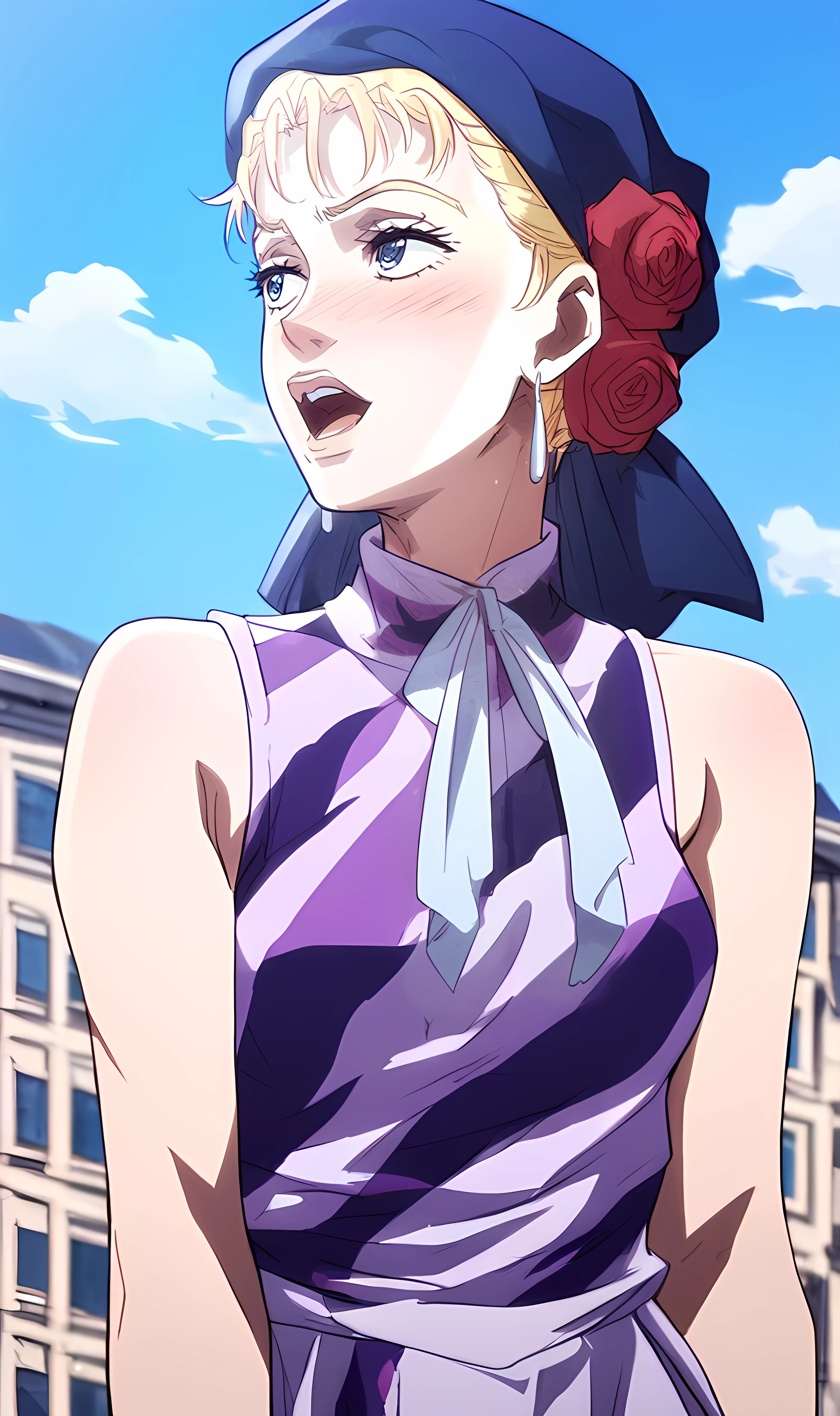 j0j0, score_8_up, score_7_up, source_manga, rating_explicit, <lora:j0j0XLP:0.5>, suz1Q, girl, blonde hair, messy hair, blue eyes, neutral expression, talking, blue hat with roses, dress with purple stripes, sleeveless,  upper body, outdoors, building background,  <lora:Jojos_Bizarre_Adventure_Suzi_Q_-_Pony:0.9>