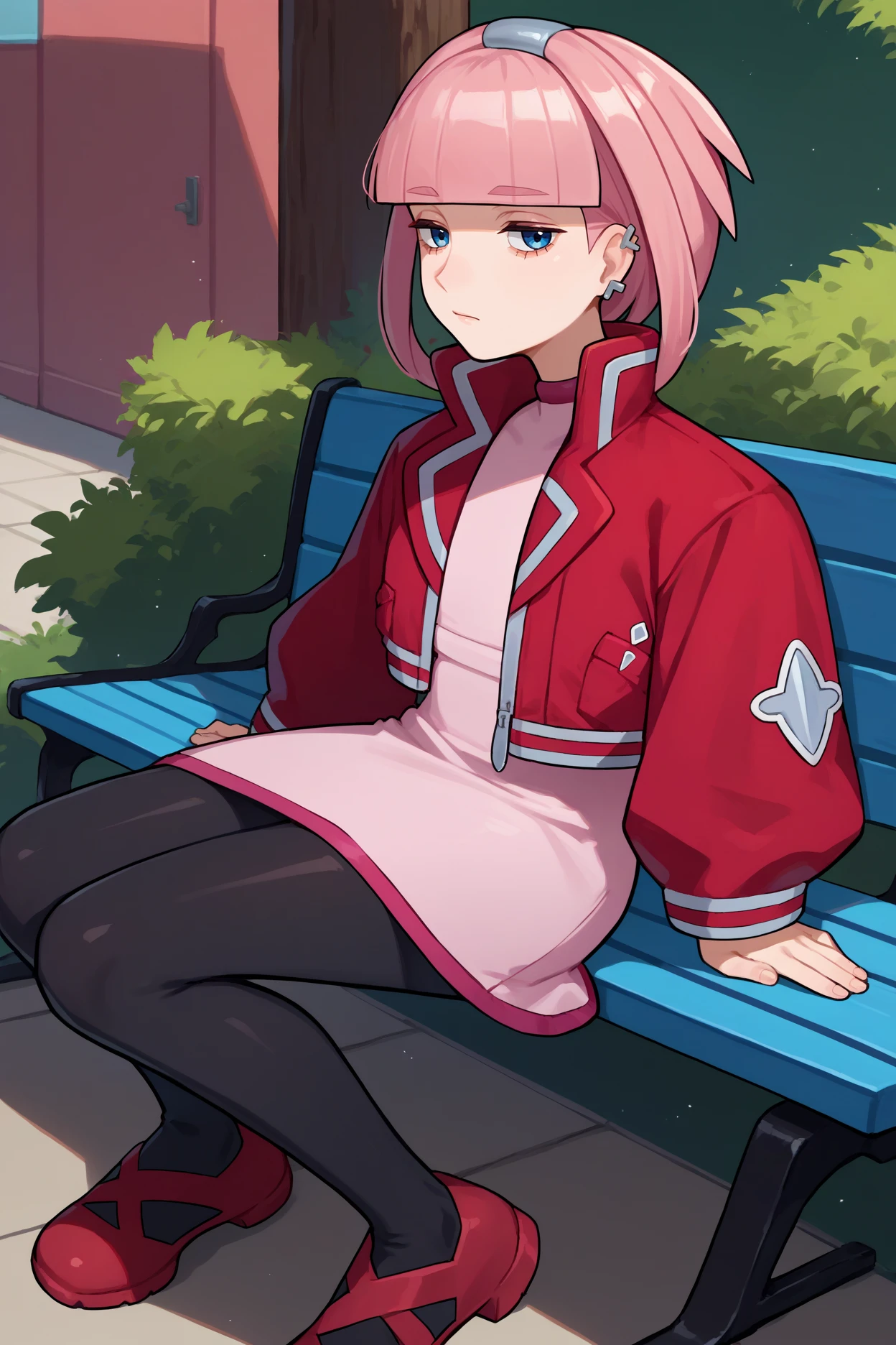 score_9, score_8_up, score_7_up, score_6_up, source_anime, 1girl, solo <lora:pkmnmollie-pdxl-nvwls-v1-000005:1> mollie, pink hair, blunt bangs, short hair, blue eyes, hairband, ear piercing, red jacket, cropped jacket, pink dress, pink skirt, black pantyhose, red shoes, looking at you, tired, sitting, from side, bench