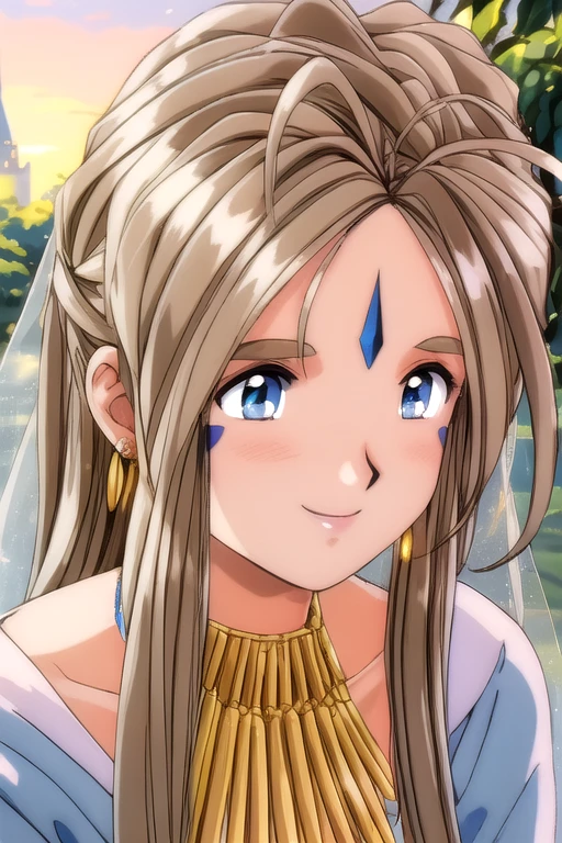 Belldandy,
solo,25 years old woman, perfect face, healthy skin, high skin detail, skin pores, symmetrical eyes, perfect eyes,
light brown hair, long hair, long side bangs, blue eyes, antenna hair, ahoge from the forehead center top, light pink lips, shiny eyes, shiny skin, natural make-up, an elongated-shaped blue forehead mark, triangular-shaped blue cheek marks, gold choker, bracelets, earrings, anklets,
wedding dress, bridal veil,
relaxed, smiling at the viewer, blushing, 
posing at a park, sunset sky,  she is in a garden at a castle, wind blowing,
dynamic angles, upper body shot,
 <lora:Belldandy OVA SD V3:1> <lora:DetailTweaker:0.6>