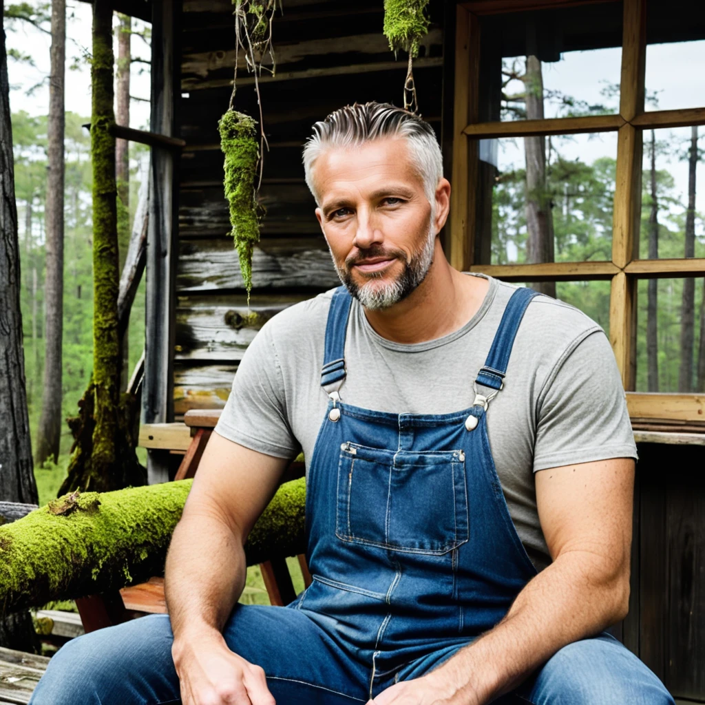 half body photo of a man,m1ch43l, beard, wearing gray shirt, (blue denim overalls), (moss hanging from cypress trees), sitting on the porch of ramshackle wooden cabin, swamp house, slightly smiling, looking at viewer,  <lora:michaeljustin:.9>