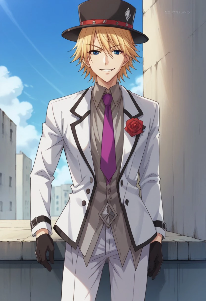 score_9, score_8_up, score_7_up, source_anime, highly detailed,
KaiNijuuri, solo, 1boy, male focus, hat, blonde hair, gloves, monocle, necktie, flower,
top hat, purple necktie, rose, upper body, blue eyes, black gloves,
formal, pants, smile, smirk, white pants, suit, standing,
outdoor, sky