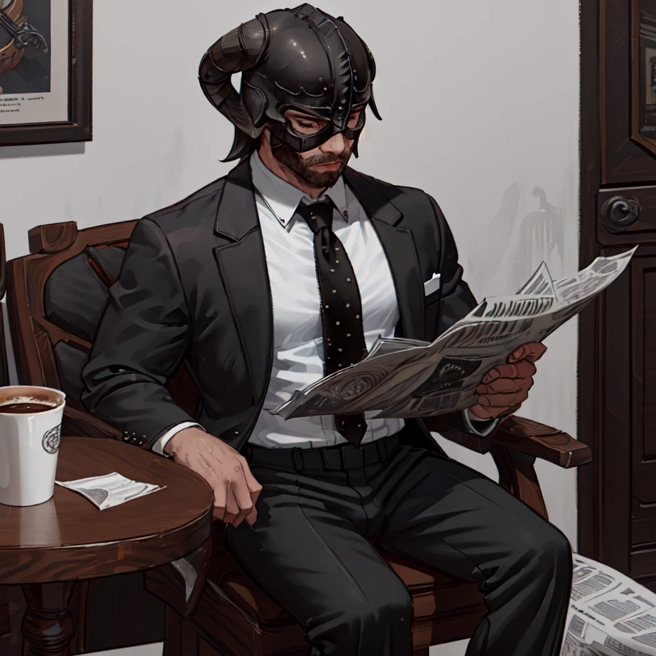 masterpiece,best quality,<lora:Dragonborn>,1boy,(Dragonborn:1.3),(wear helmet:1.3),(solo:1.5),(Black suit pants,Black suit jacket,white shirt:1.5),chairs,table,reading newspaper,sitting,coffee,Luxurious officeRaise your legs,muscle man,mature men,tie,Luxurious office,