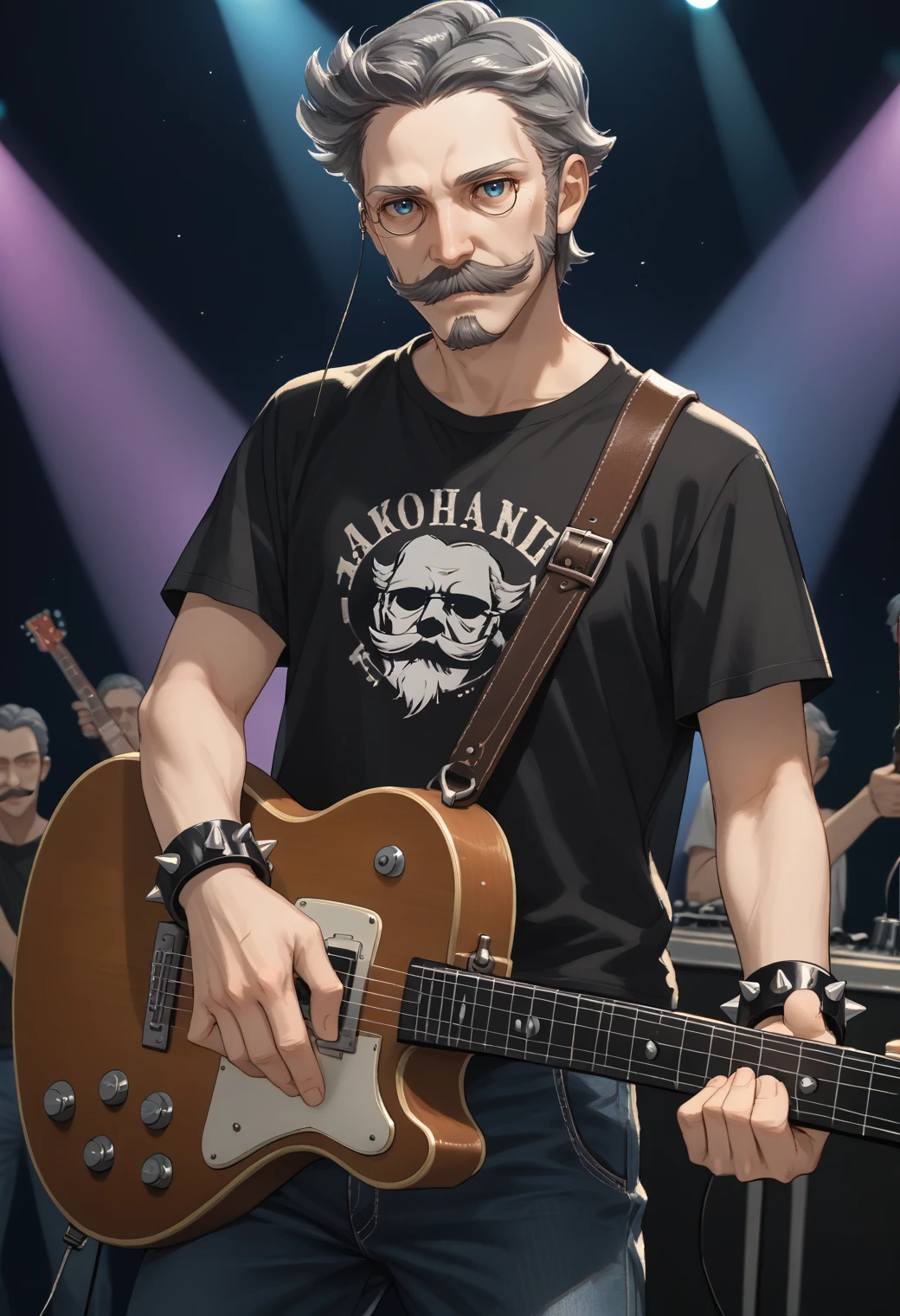 score_9, score_8_up, score_7_up, source_anime, 1boy, cowboy shot, looking at viewer, holding guitar, <lora:HannemanFE-pdxl:1> hanFE, short hair, grey hair, blue eyes, monocle, old man, mustache, goatee, black t-shirt, spiked bracelet, jeans, concert