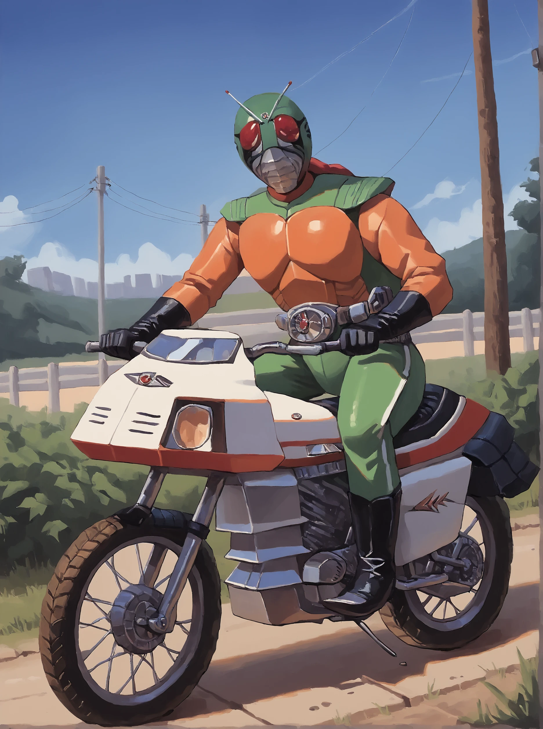 score_9, score_8_up, score_7_up, masterpiece, source_realistic, motorcycle, ground vehicle, motor vehicle, 1boy, male focus, solo, helmet, kamen rider, motorcycle, ground vehicle, motor vehicle, 1boy, male focus, solo, helmet, skyrider1, outdoor, <lora:sn0wStyle:1> <lora:HKHorrorXL:1>,  <lora:Skyrider_1979:1>