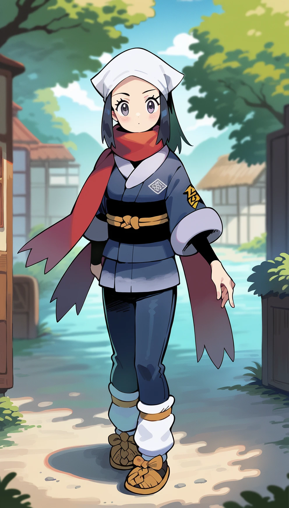 score_9,score_8_up,score_7_up,
highres,highly detailed,
<lora:hikaridawn:0.8>,
akaridawn,1girl,solo,navy blue hair,long hair,ponytail,grey eyes,looking at viewer,white bandana,dark blue clothes,red scarf,black detached sleeves,dark blue leggings,white loose socks,straw shoes,
full body,
blurry background,vignetting,outdoors,spring,light particles,japanese style village,countryside,smoke,