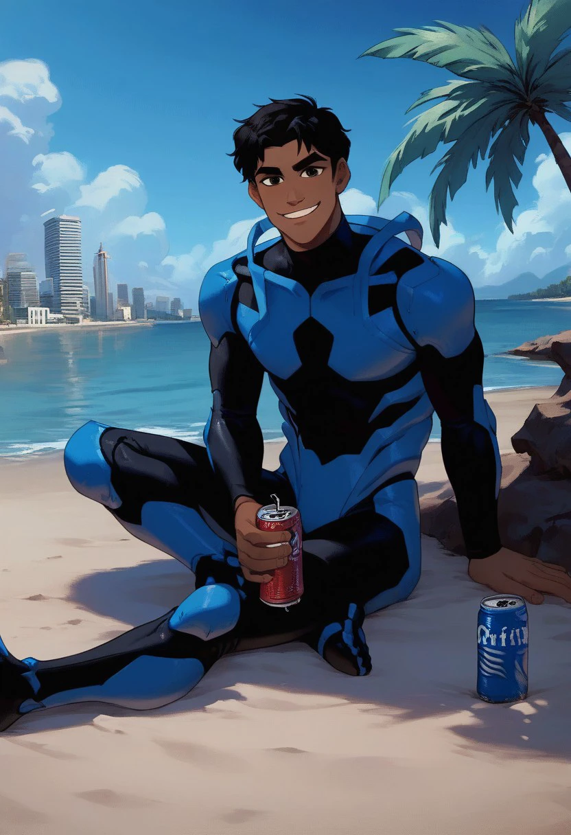 1boy, animated male character, score_9, score_8_up, score_7_up, cute male, black hair, brown eyes, scarab suit, black and blue bodysuit, tan skin, mexican, latino, hispanic, hispanic tan, city beach, beach, lake, city skyline, sitting on sand, sitting under palm tree, smiling, smirking, holding soda can, open soda can, looking at viewer, Jaime Reyes, Blue Beetle,