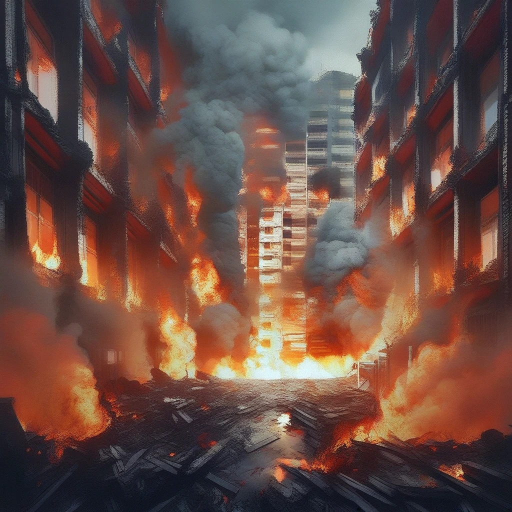 score_9, source_anime, Burn1ngBuild, fire, smoke, building,