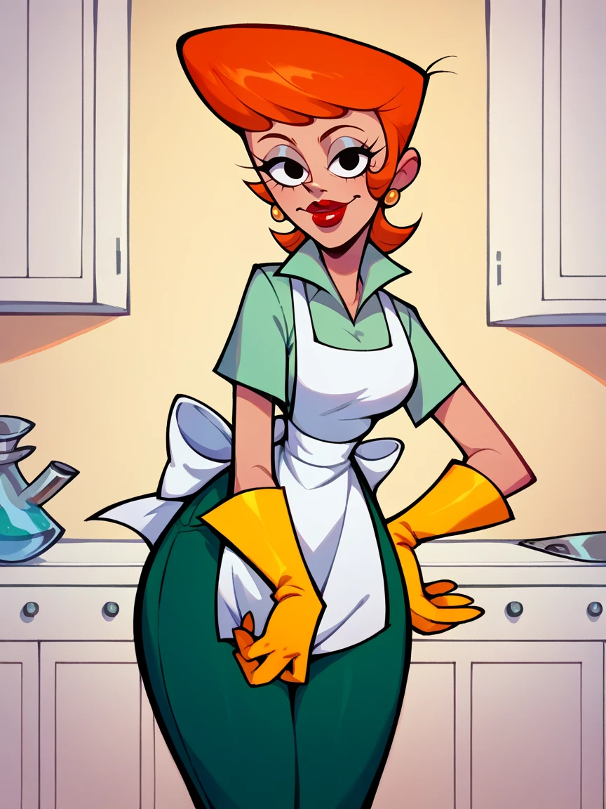 score_9, score_8_up, score_7_up, score_6_up, score_5_up, <lora:momDLXLP:0.5> momdl, mom_(dexter's_laboratory), gloves, apron, orange hair, pants, yellow gloves, solo, red lipstick,   <lora:dexterslabXLP:1> dexters lab, looking at viewer,