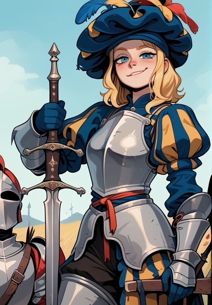 1girl, blonde hair, smug, grin, full armor, knight, french,  landsknecht <lora:Landsknecht:1> landsknecht, weapon, sword, hat, armor, 1girl, puffy sleeves <lora:Gothic:1> 1gothic1,