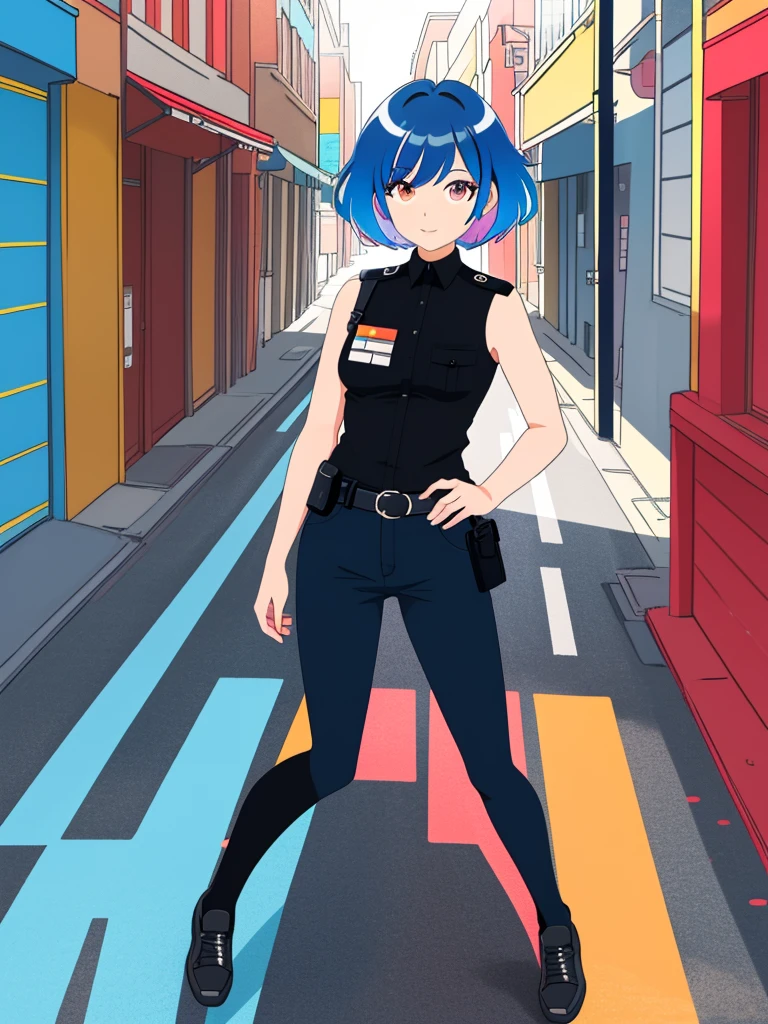 (modern anime style:1.1), 38yo police officer lady, city, street, outdoors, sunny, (colored lines, flat colors:1.2)