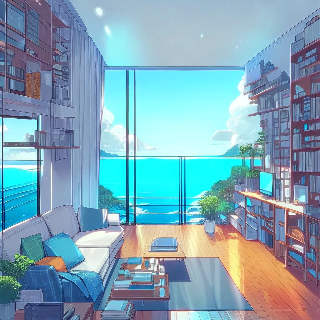 score_9, source_anime,4partment, bed, scenery, bookshelf, table, chair, ocean, television, blue sky, computer, shelf, lamp, building, cloud, couch, water, indoors, cup, potted plant, book, tree, window, no humans, horizon, day