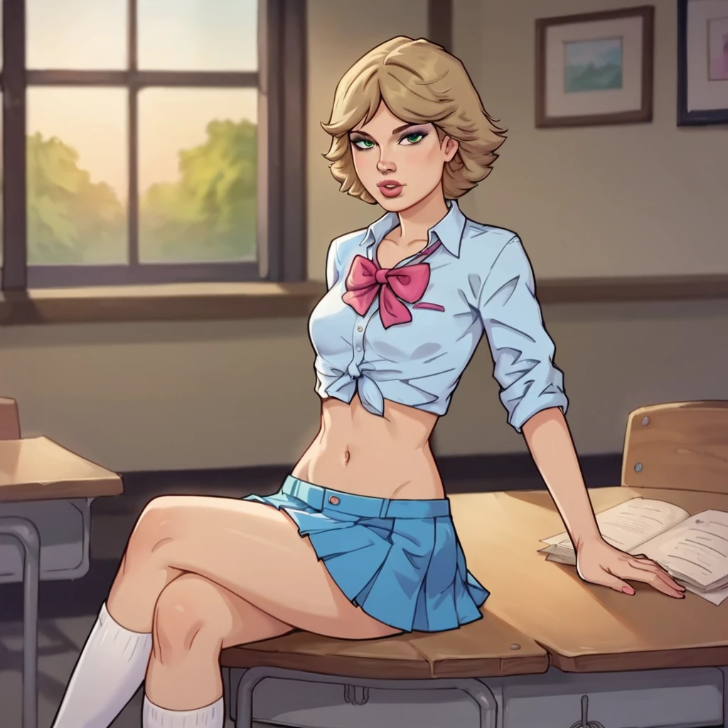 score_9, score_8_up, score_7_up, 1girl, short hair, blonde hair, green eyes, makeup, small breasts, narrow waist, midriff, school uniform, skirt, sitting, on desk, crossed legs, looking at viewer, highres, high quality, masterpiece,  <lora:Dory_McLean:1>