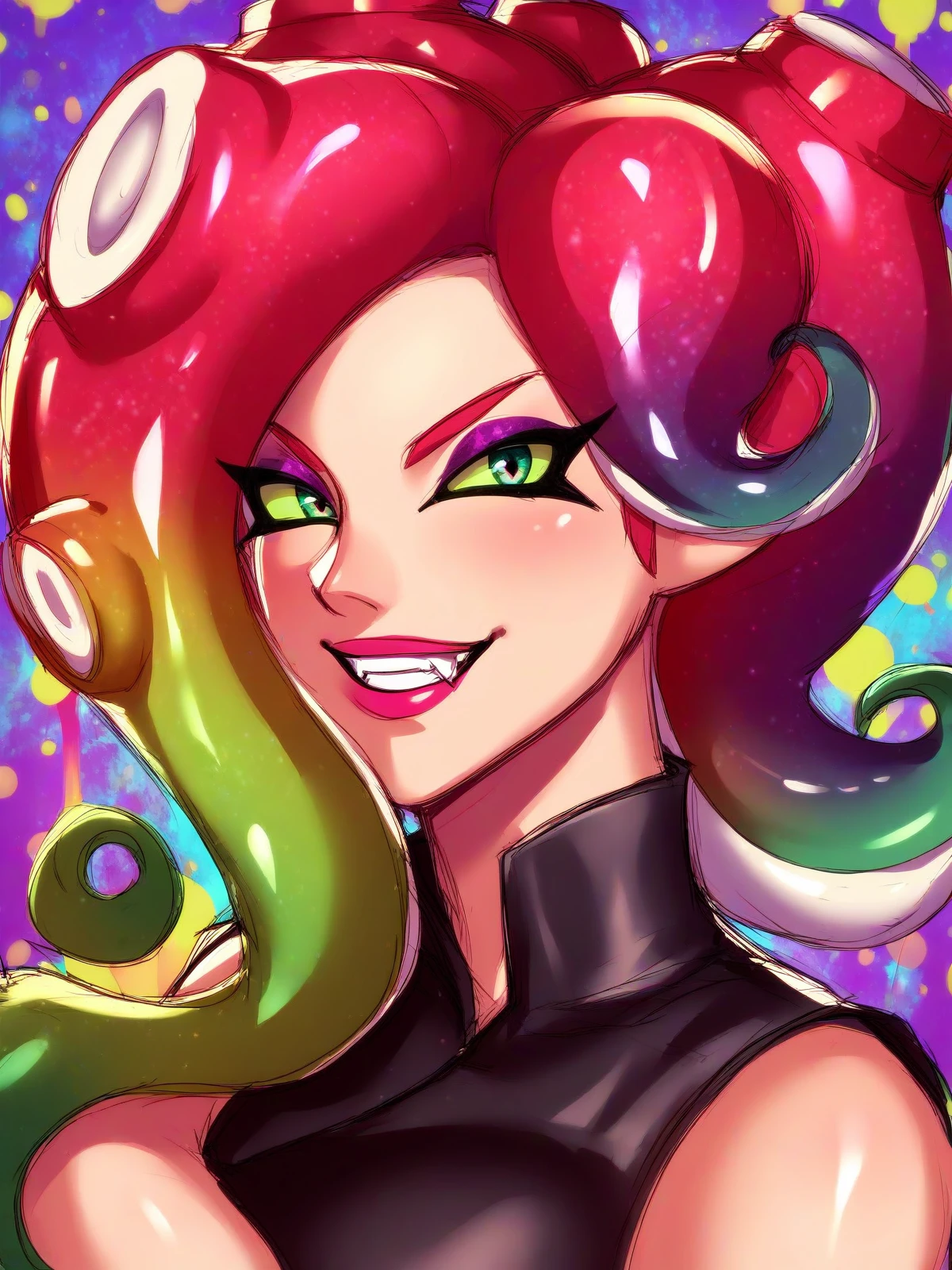 score_9, score_8_up, score_7_up, score_6_up, score_5_up,  rating_safe, octoling girl, beautiful face, facial symmetry, mature, woman, looking at viewer, green sclera, tentacle hair, snarl, 8K, highres, crisp shading