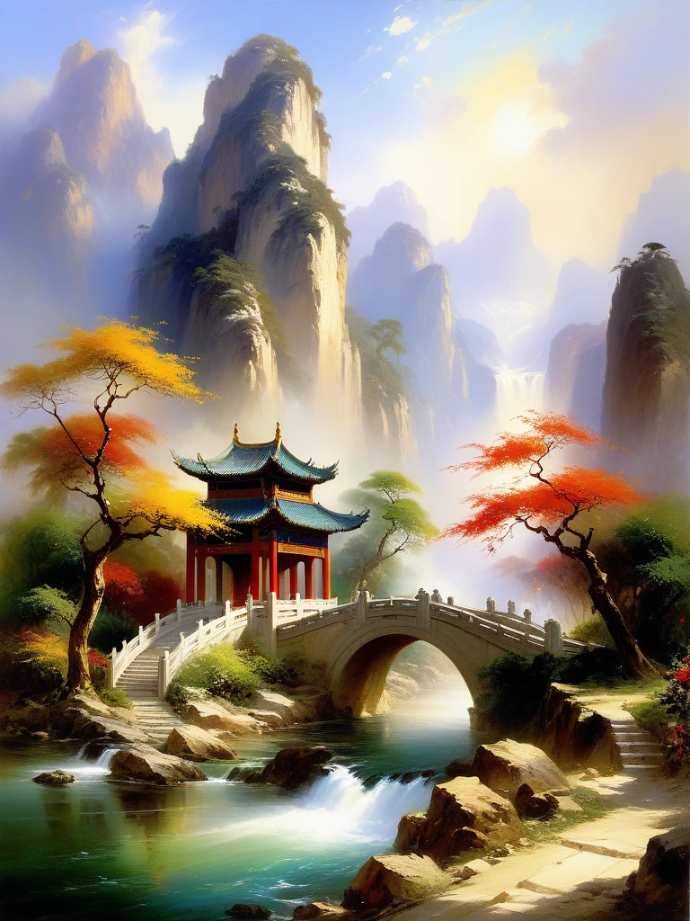 <lora:10NaturalismPainting_Hap_XL:1.5>, Thomas Moran style,oil painting,nature,landscape, Create A Image of  Chinese Ruller , 2d animation , large Kingdom Garden on the Background of the image,