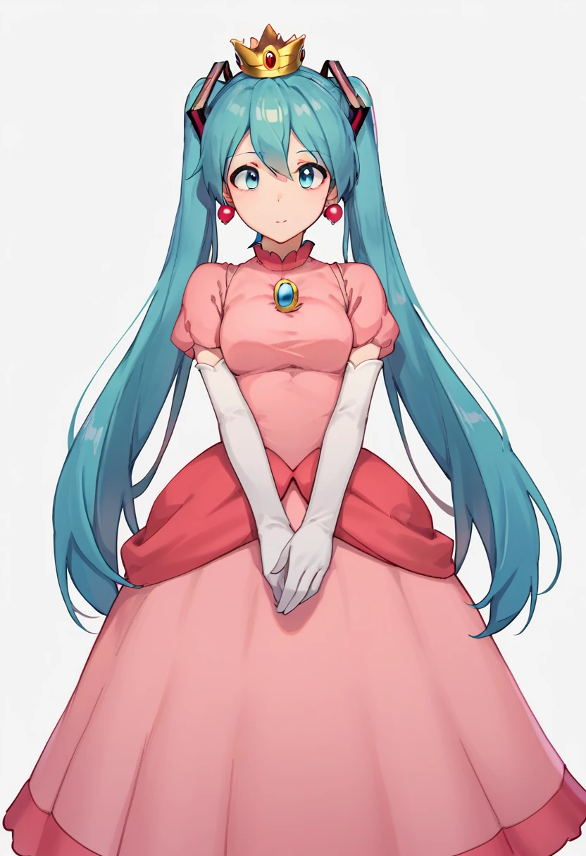 score_9, score_8_up, score_7_up, BREAK 1girl, hatsune miku, blue hair, p34ch3s-dress, cosplay, crown, earrings, jewelry, pink dress, elbow gloves, white gloves, looking at viewer, cowboy shot, simple background, white background <lora:PrincessPeachCosplay-PDXL-09:1.1>