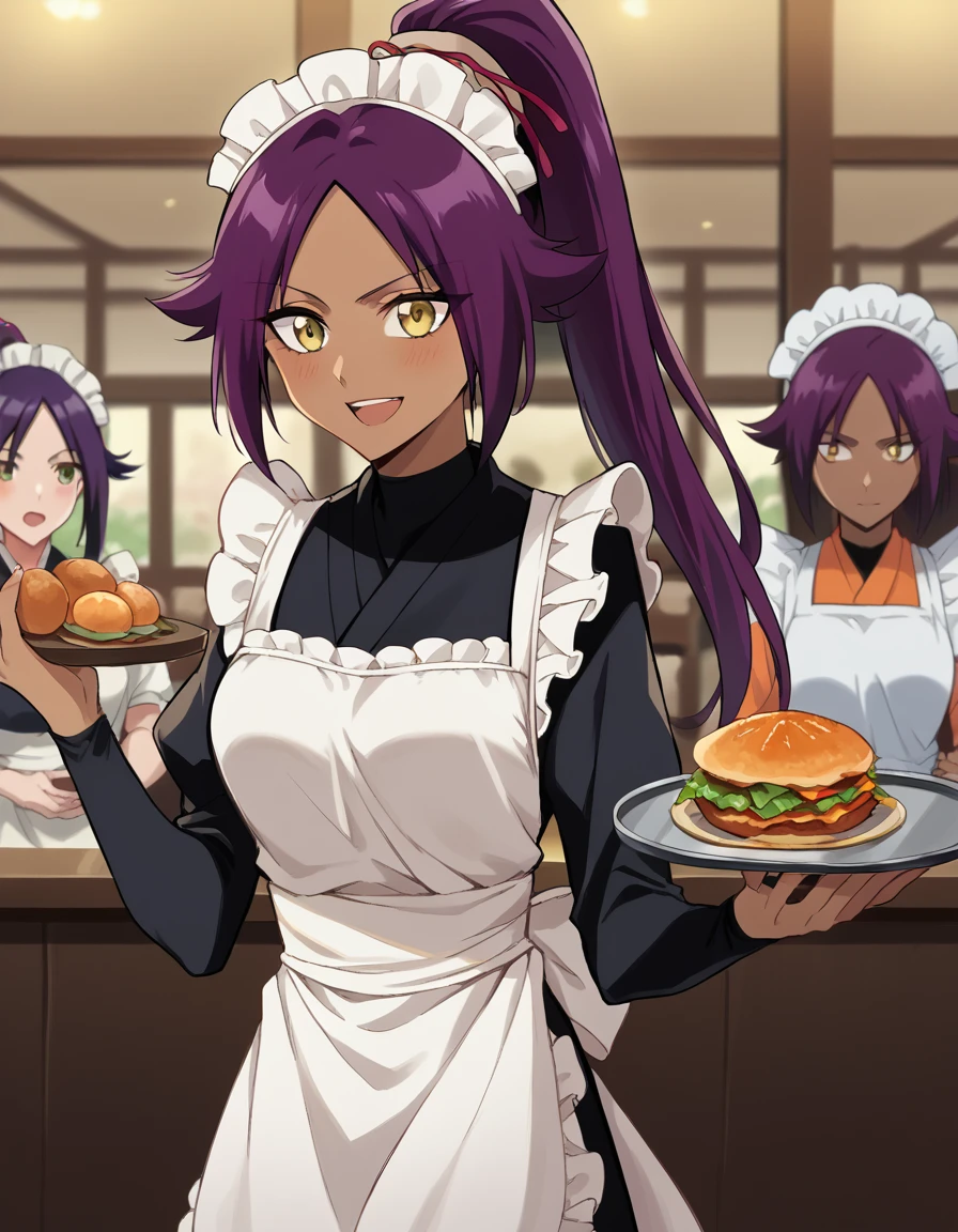 score_9, score_8_up, score_7_up, source_anime, <lora:yoruichi-shihouin-ponyxl-lora-nochekaiser:1> yoruichi shihouin, long hair, yellow eyes, ponytail, purple hair, dark skin, dark-skinned female, medium breasts, <lora:wa-maid-ponyxl-lora-nochekaiser:1>, wa maid, maid, maid headdress, apron, white apron, frilled apron, maid apron, kimono, japanese clothes, frilled kimono, holding tray, tray, food,, indoors, restaurant, smile, blush, open mouth,,