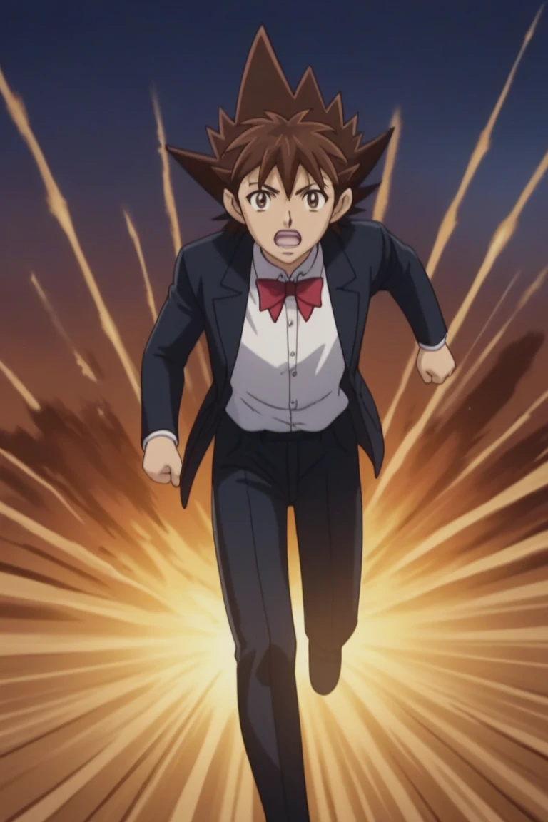 score_9, score_8_up, score_7_up, score_6_up, masterpiece, best quality, amazing quality, best aesthetic, absurdres, intricate details, sena kobayakawa, brown hair, brown eyes, 1boy, male focus, bowtie, solo, spiked hair, bow, open mouth, formal, explosion, parody, suit, official style, running, red bow, red bowtie, pants, tuxedo, white shirt, looking at viewer, shirt, style parody<lora:EMS-450953-EMS:1.000000>