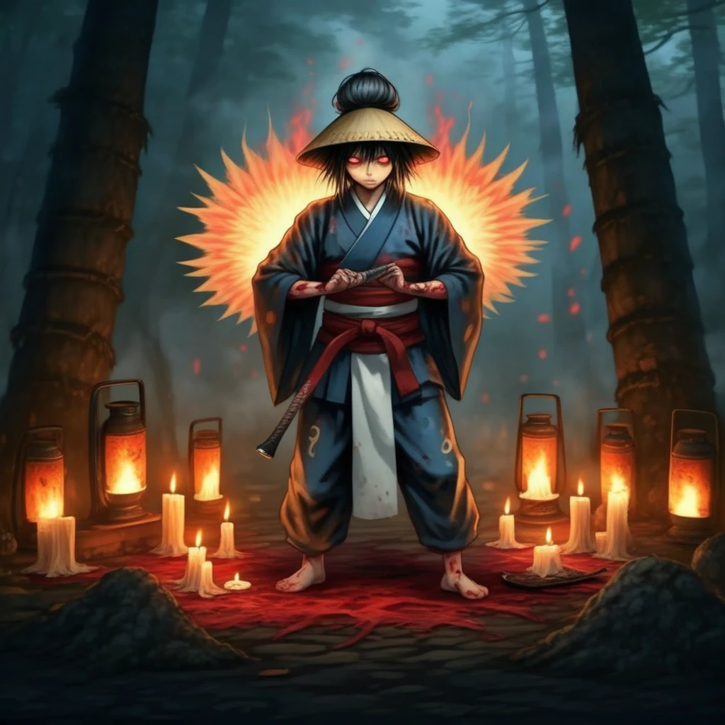 torn jeans, angel, shoulder tattoo, braid, lava, planted sword, flaming sword, leg armor, outdoors, lamp, hat feather, hakama pants, day, axe, forest, knife, candlestand, frills, japanese clothes, bandages, burning, superhero, blue eyes, fireflies, gourd, blood on hands, looking down, medium hair, praying, alien, holding shield