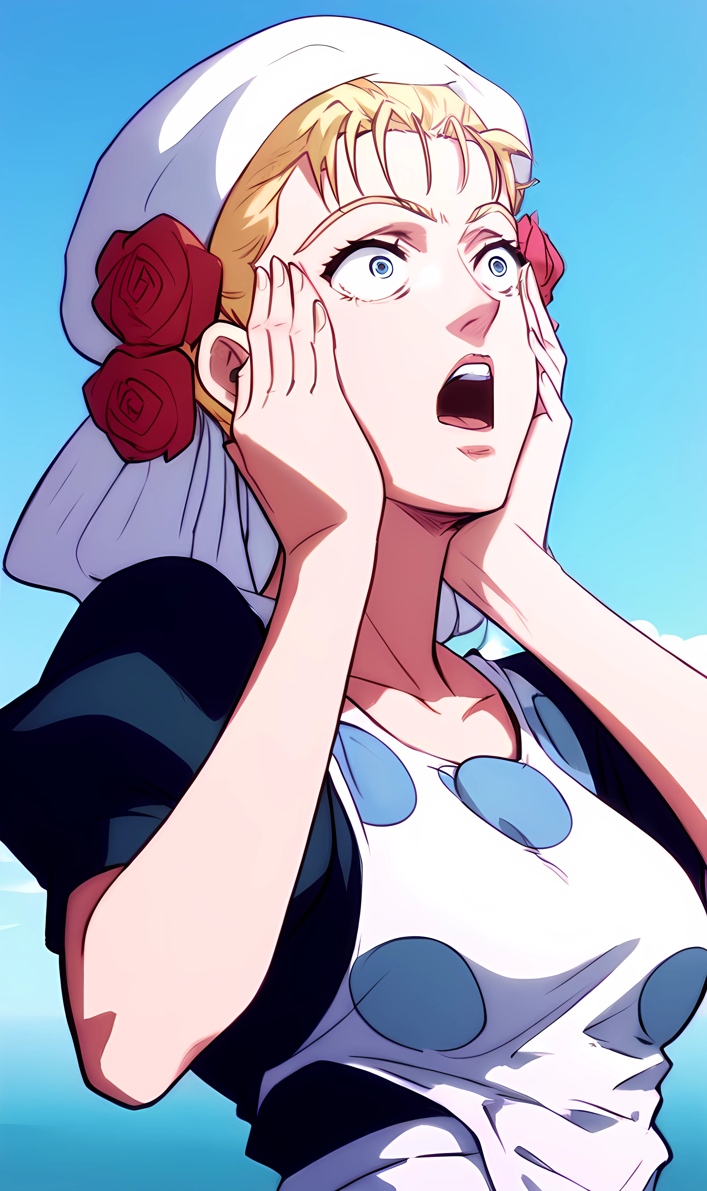 j0j0, score_8_up, score_7_up, source_manga, rating_explicit, <lora:j0j0XLP:0.5>, suz1Q, girl, blonde hair, messy hair, blue eyes, shocked expression, white hat with roses, maid uniform, white top, hands on face, blue polkadots, upper body, outdoors near the ocean, <lora:Jojos_Bizarre_Adventure_Suzi_Q_-_Pony:0.8> (profiles:0.4)