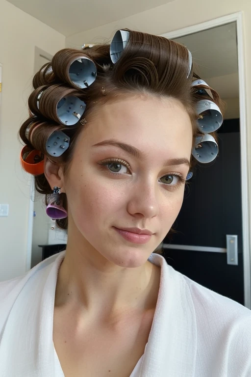 (masterpiece, high quality, best quality:1.2) , ultradetailed,  1girl , (( 25 years old, Miranda Kozlov getting hair rollers <lora:haircurl:0.8>  at the hair salon))