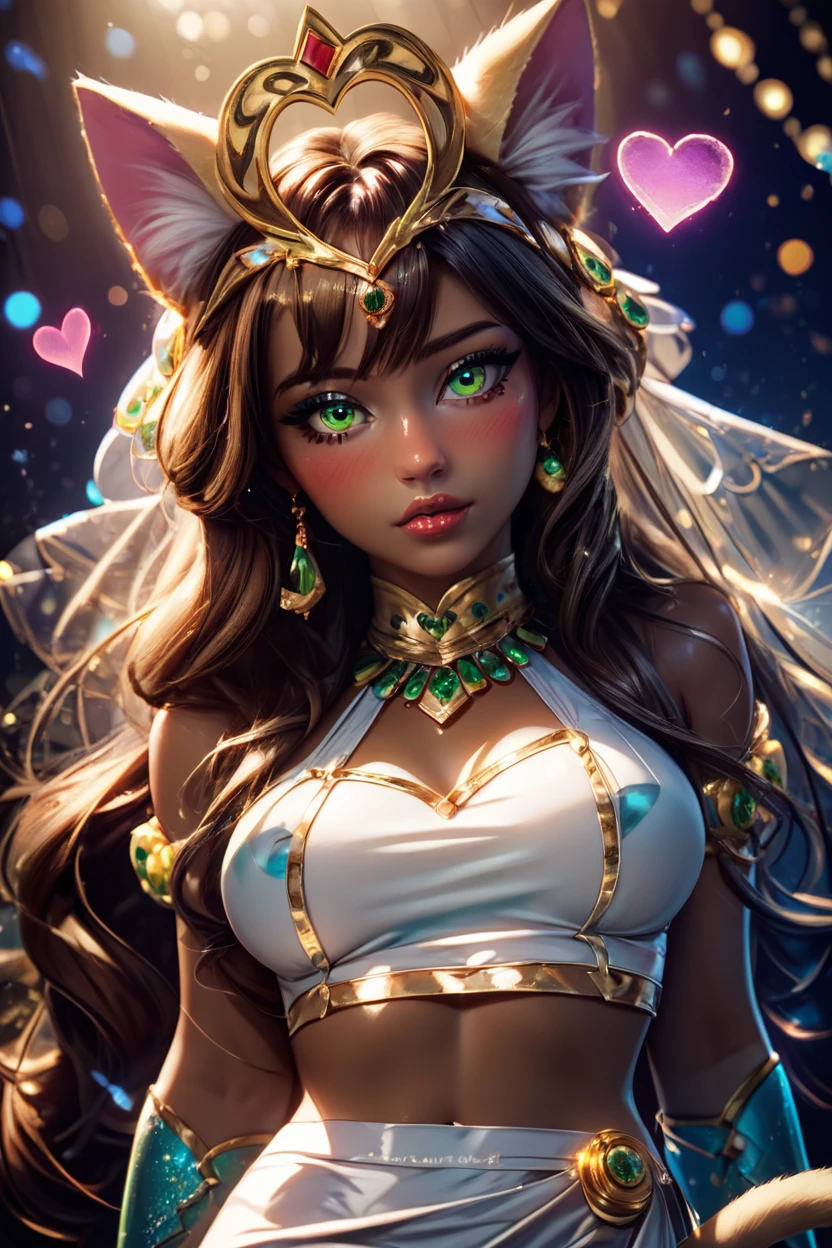 score_9, score_8_up, score_8, big breasts, (curvy), 4000 year old goddess, elegant mature cat goddess, eyelashes,       BREAK, , zzBastet, brown hair, green eyes, tiara, medium breasts,   white skirt, white crop top, medium breasts, ankle lace-up, cat ears, dark skin, jewelry, midriff, very long hair, cat tail,  <lora:BastetPDXL:0.8>, , BREAK,  (ultra realistic,32k, masterpiece:1.2),(high detailed skin:1.1),( high quality:1.1), curvy, head tilt, hearts, blush, lips, curvy, head tilt, shiny clothes, (upper body), looking at viewer, bokeh, luminescent background,  embedding:zPDXL, Expressiveh,  <lora:RlAnmPDXL:1.0>,