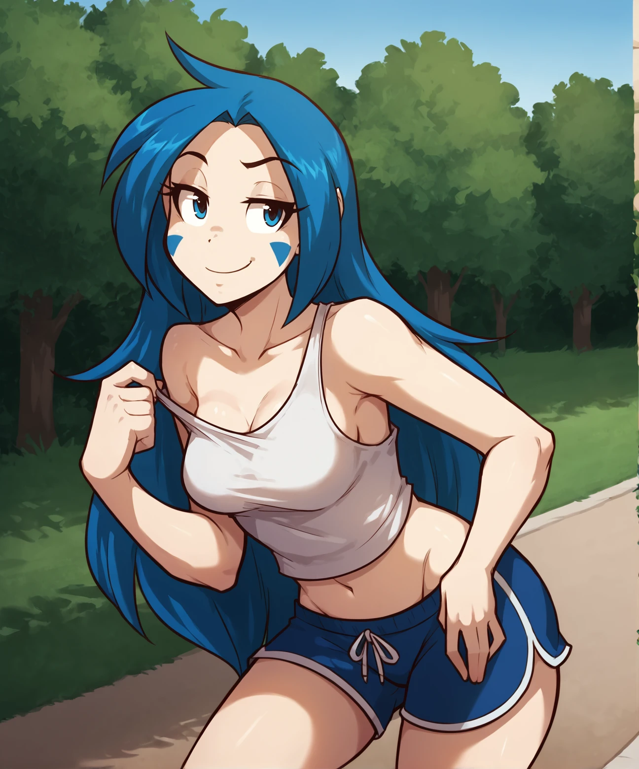 score_9, score_8_up, score_7_up,score_6_up,score_5_up
BREAK
solo, female human, medium breasts, (seductive, smug), tank top, midriff, dolphin shorts, (outdoors, park)
BREAK
<lora:Sealeen-Twokinds-SDXL-AnonTK-V1:0.8>, sealeen-twokinds, human, blue eyes, long hair