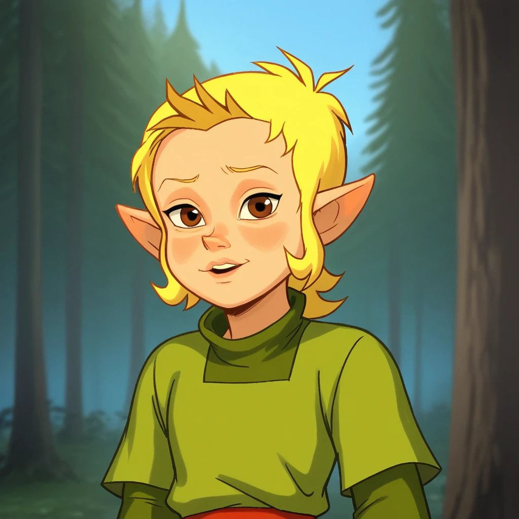 score_8_up, BREAK, millie, 1girl, solo, blonde hair, short hair, brown eyes, pointy ears, tunic, upper body, outdoors, blue sky, forest,  <lora:MillieTheElf_QuestForAHeart_PXL_Leaf1:0.8>, looking at viewer,