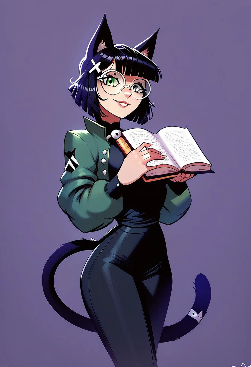 ((masterpiece)), (best quality), score_9, score_8_up, 
devilprincesskrekvix, 1girl, solo, breasts, looking at viewer, smile, short hair, bangs, simple background, black hair, hair ornament, holding, animal ears, medium breasts, green eyes, jacket, tail, boots, parted lips, glasses, pants, artist name, cat ears, blunt bangs, black footwear, cat tail, book, black pants, x hair ornament, cat girl, holding book, purple background, green jacket, open book, round eyewear, rimless eyewear