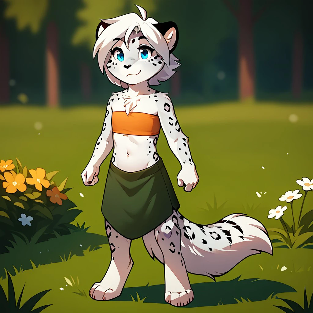 score_9,score_8_up,score_7_up,score_6_up,score_5_up,score_4_up,source_furry, maevetk, anthro, female, snow leopard, young, blue eyes, white hair, ahoge, furry,flat chested,1girl,detailed fur, detailed background, outside,  young anthro, digitigrade, barefoot, tube top, grass skirt, lei, standing, <lora:37de695d-9a33-4dab-b796-c083e8af4c2c:0.7>