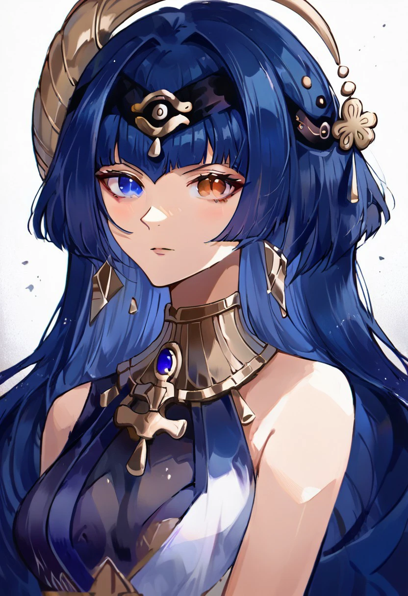 score_9, score_8, score_7, source_anime, ancient egyptian clothes, long hair, blue eyes, blue hair, heterochromia, hair ornament, sidelocks, earrings, bracelet, medium breasts, upper body