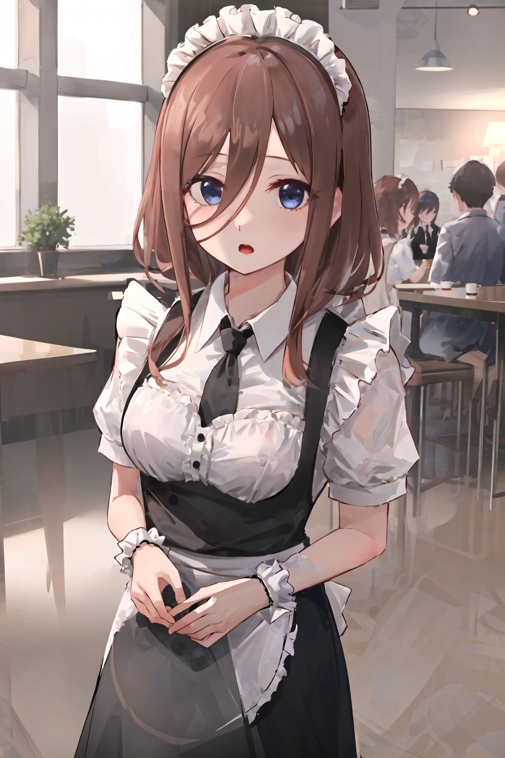 1girl,nakano miku,breasts,solo,open mouth,looking at viewer,maid apron,maid,maid headdress,short sleeves,frills,enmaided,wrist cuffs,
masterpiece,best quality,<lora:NakanoMiku v2.0-000018:0.8>,cafeteria,