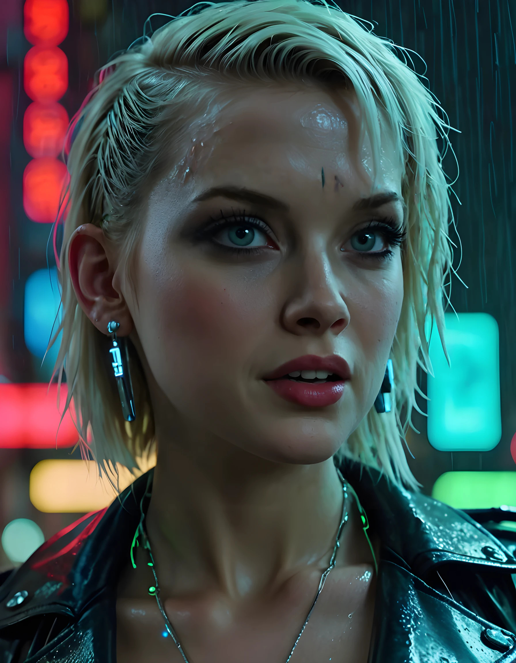 In a gritty, neo-noir setting of a dimly lit, rain-soaked alleyway in a futuristic cityscape at night, the camera is positioned low from the left side, capturing J4N3L3VY, a striking woman with platinum blonde hair and piercing blue eyes, adorned in a unique, cyberpunk outfit that features intricate silver and neon-green accents. Her lips are painted a bold, matte red, and her teeth flash brightly in a knowing smirk as she gazes directly at the viewer, her piercing gaze only momentarily broken by the occasional flash of neon lights reflecting off her chrome earrings, creating a tense and captivating portrait that exudes both danger and allure.