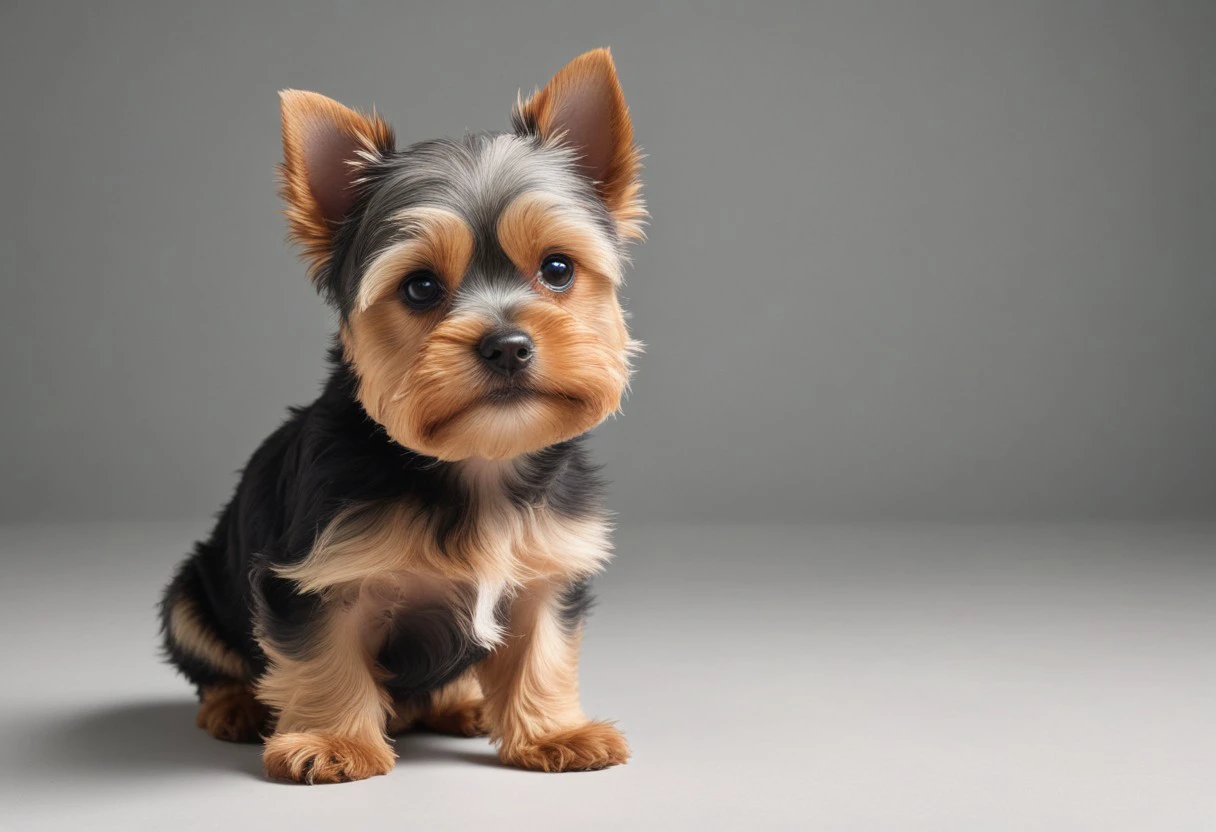 super realistic image ultra quality and super high resolution and sharp focus, photorealistic style of Yorkshire Terrier breed dog dynamic pose, playful and playful,