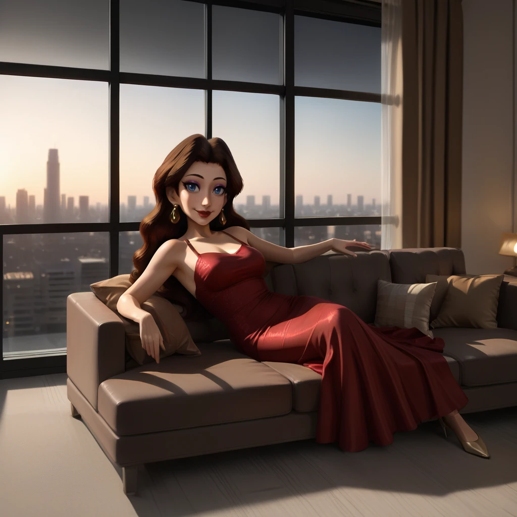 score_9, score_8_up, score_7_up, score_6_up, score_5_up, score_4_up, zPDXL2,source_anime,rating_questionable, 1girl, lounging, couch, long hair, smile, looking away,  daytime <lora:Modern_Apartment:0.8> 4partment, indoors, window, scenery, cityscape <lora:Pauline_-_Mario_Series:0.8> Pauline, Earrings, makeup, long brown hair, red dress,